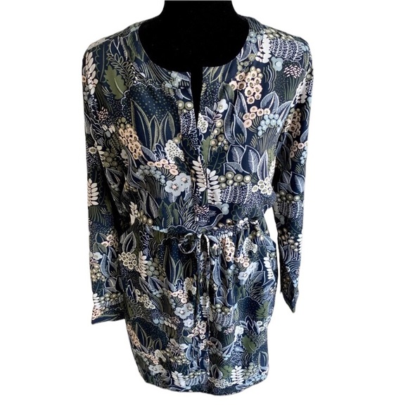 Ann Taylor Factory v-neck blue floral tie waist long sleeve dress pockets, XL - Picture 2 of 8